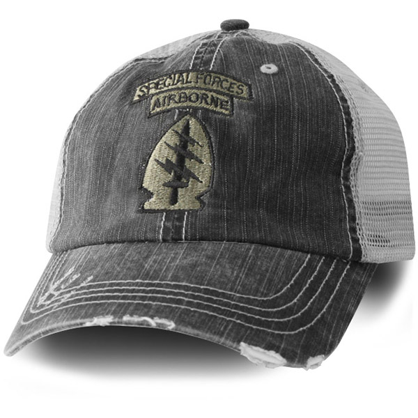 Special Forces ABN Ranger Tabs Triple Crown Direct Embroidered Distressed Look Black Ball Cap