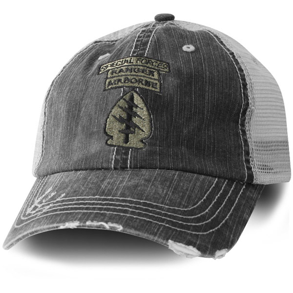 Special Forces with Ranger Airborne tabs Direct Embroidered Distressed Black Mesh Ball Cap